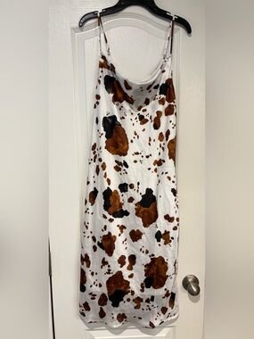 Cato White Slip Midi Dress with Brown & Black Spot Print